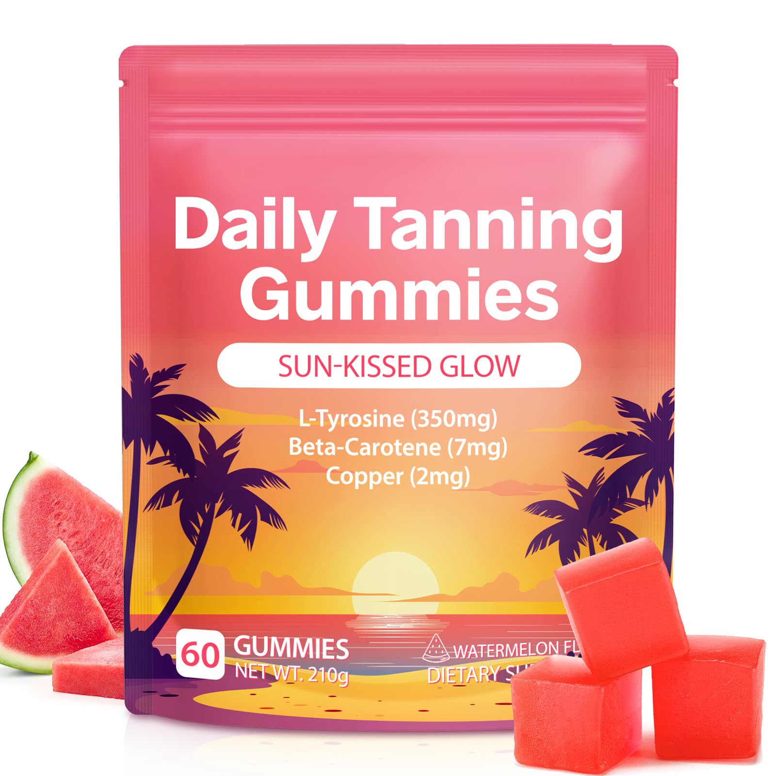 FANGCUN front packaging of daily tanning gummies showing watermelon flavor and 60 count benefit