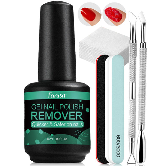 Fanisn kit front packaging showing all included tools and bottle for fast removal