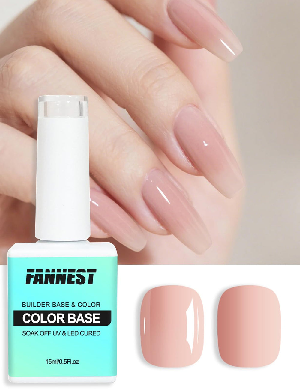 FANNEST swatch on hand illustrating natural nude pink finish and strengthening