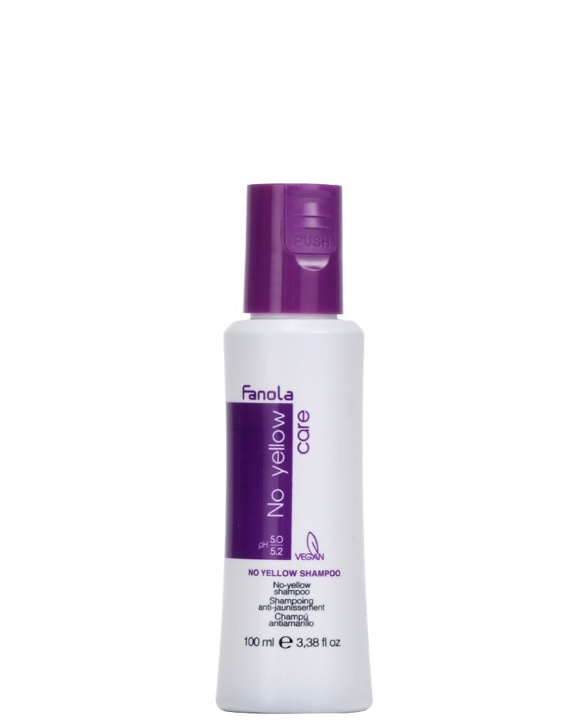 Fanola No Yellow travel bottle front view showing compact packaging and purple label benefit: portable toning