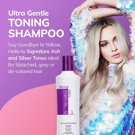 Fanola No Yellow shampoo texture close-up showing purple-violet lather for effective brass reduction