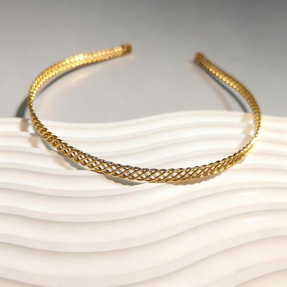 FANSSYA gold headband front view showing elegant shine and instant glamour
