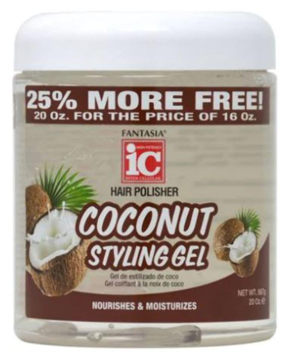 Fantasia coconut gel front packaging showing 20 oz jar and glossy finish benefits