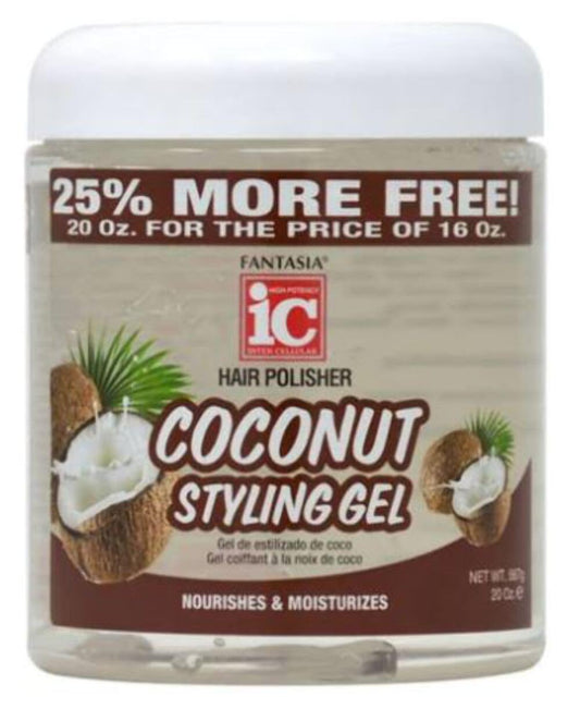Fantasia coconut gel front packaging showing 20 oz jar and glossy finish benefits