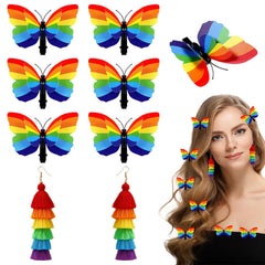 Fantasyon front view of rainbow butterfly clips and tassel earrings showing colorful set