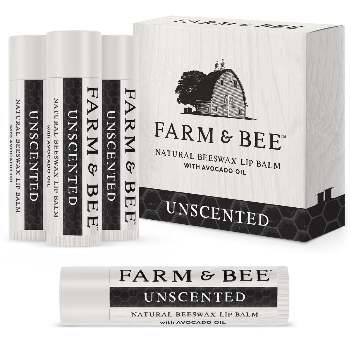 Farm & Bee front packaging showing unscented benefits and natural look