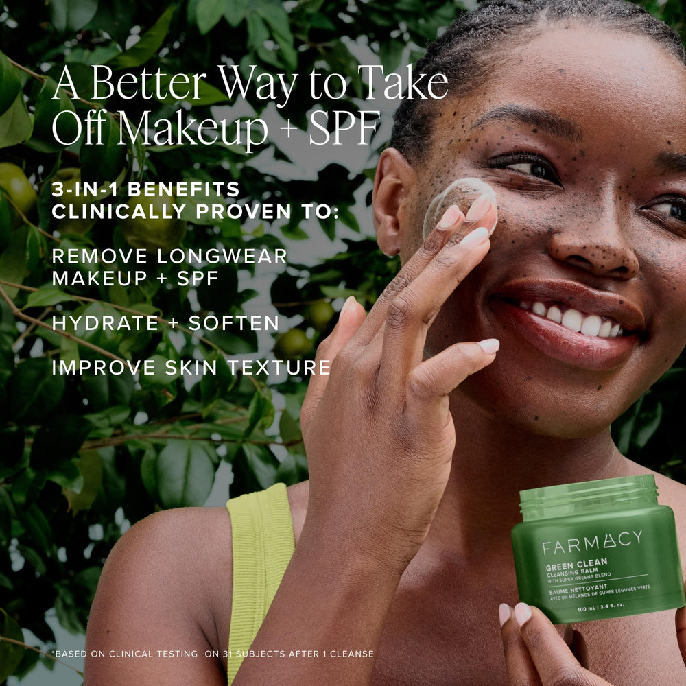 Farmacy balm on fingertips demonstrating spreadability and quick makeup melting benefit