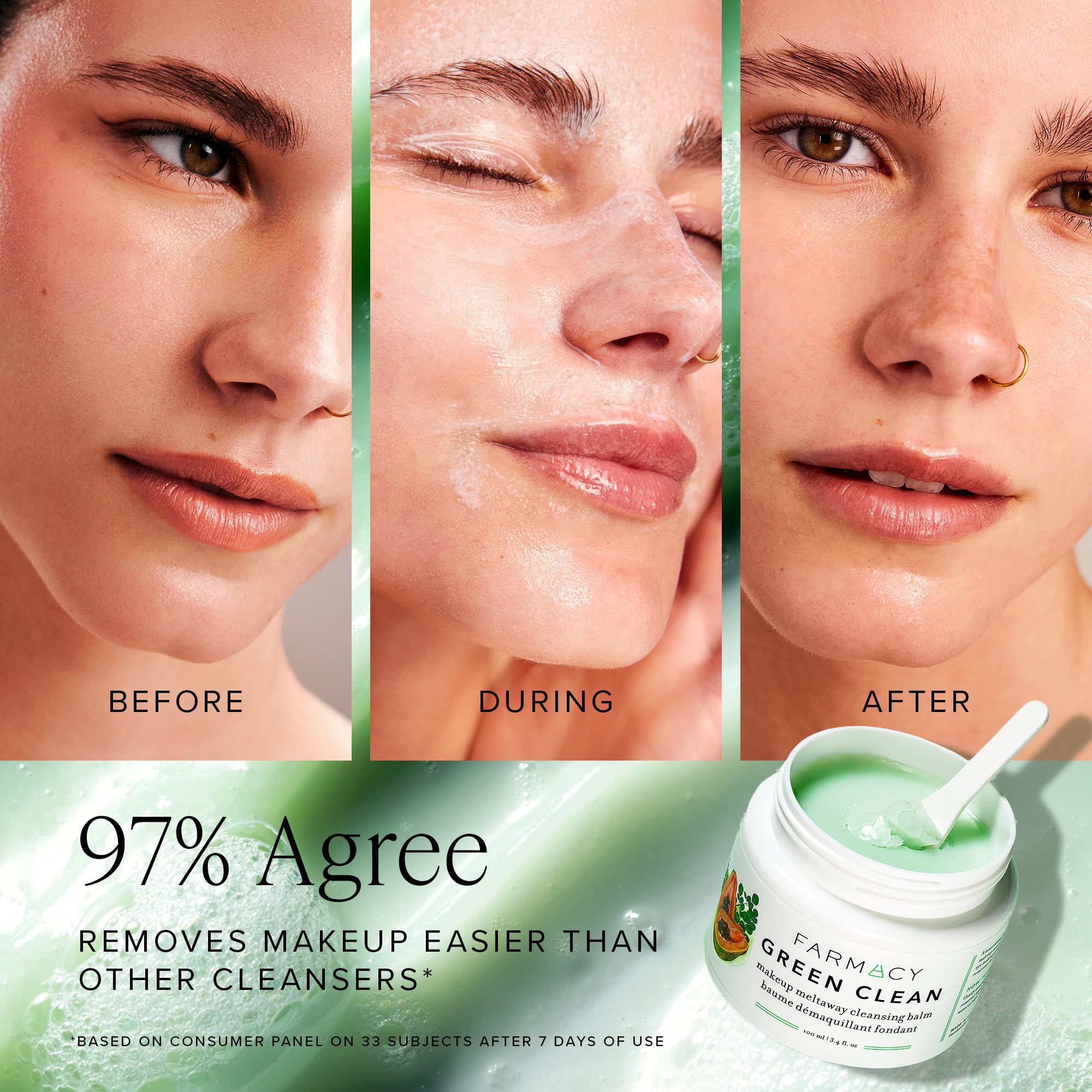 Farmacy balm melting on finger demonstrating quick makeup dissolve