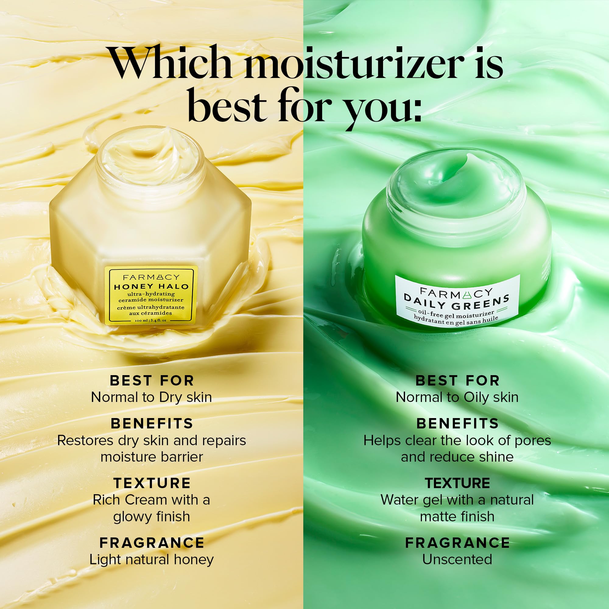 Farmacy moisturizer applied to skin before and after showing reduced shine and smoother look