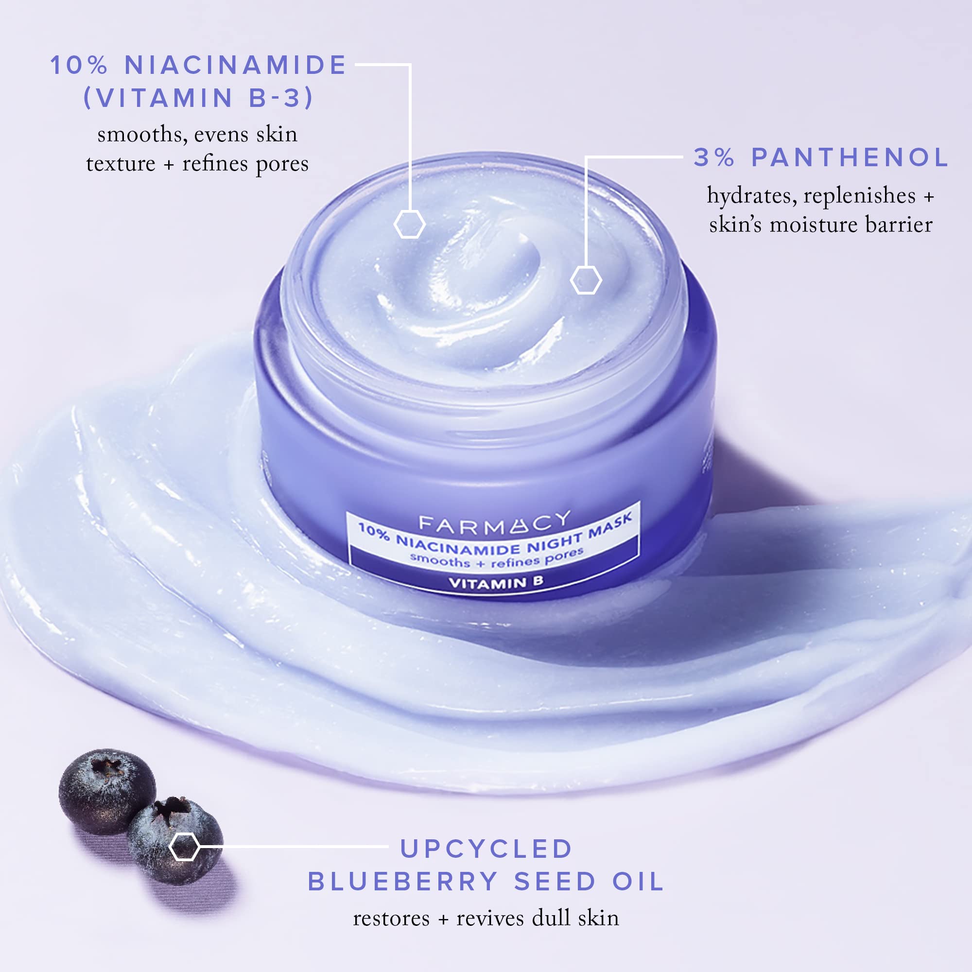 Farmacy blueberry seed oil bottle beside the mask, indicates antioxidant nourishment