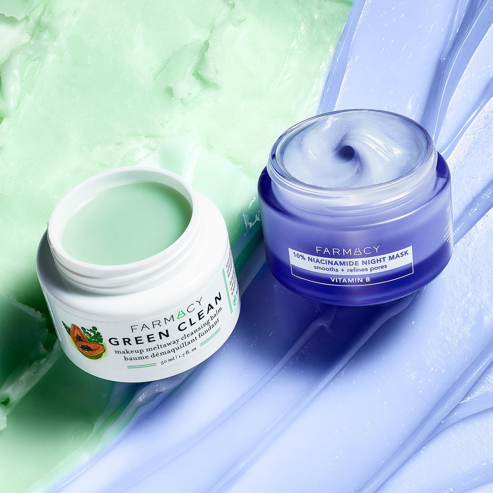 Farmacy mask on bathroom counter as final nighttime step, supports simple routine