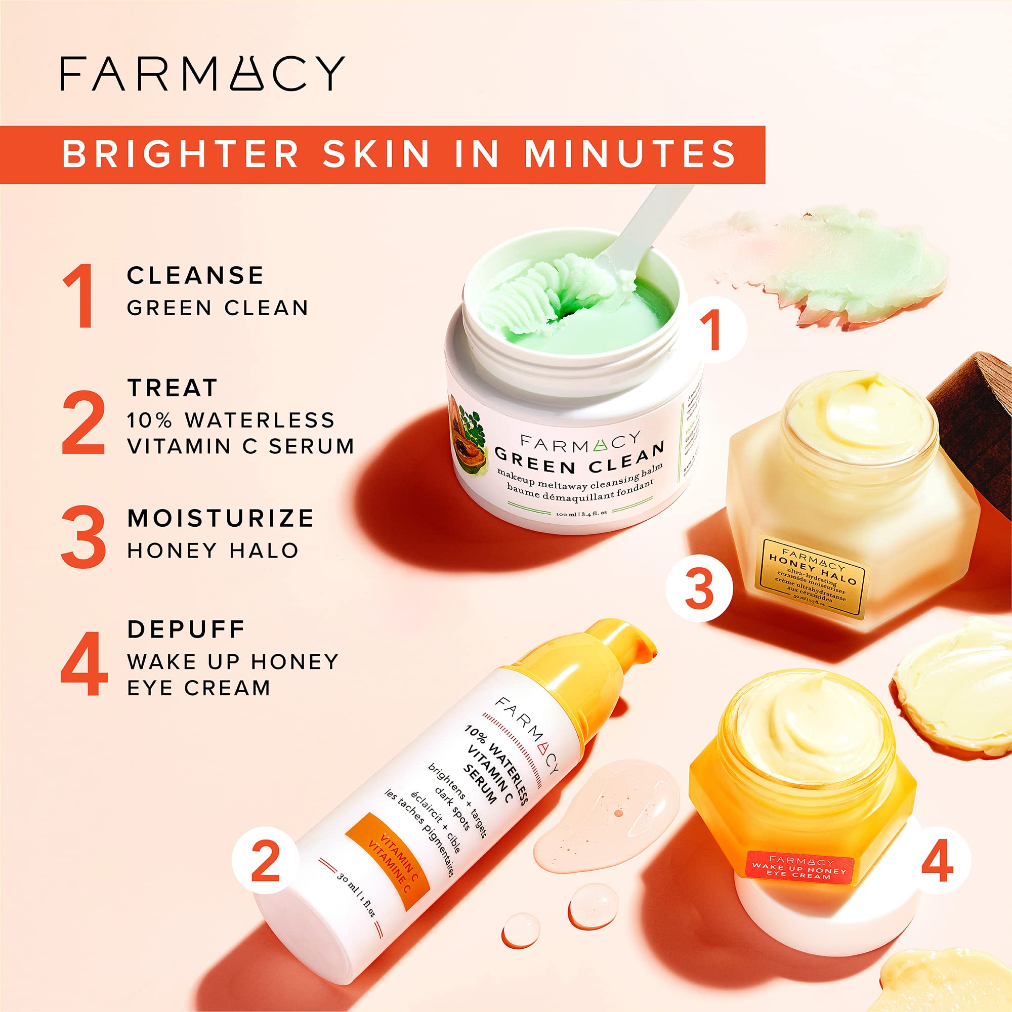 Before and after illustration suggesting Farmacy visible brightening benefit