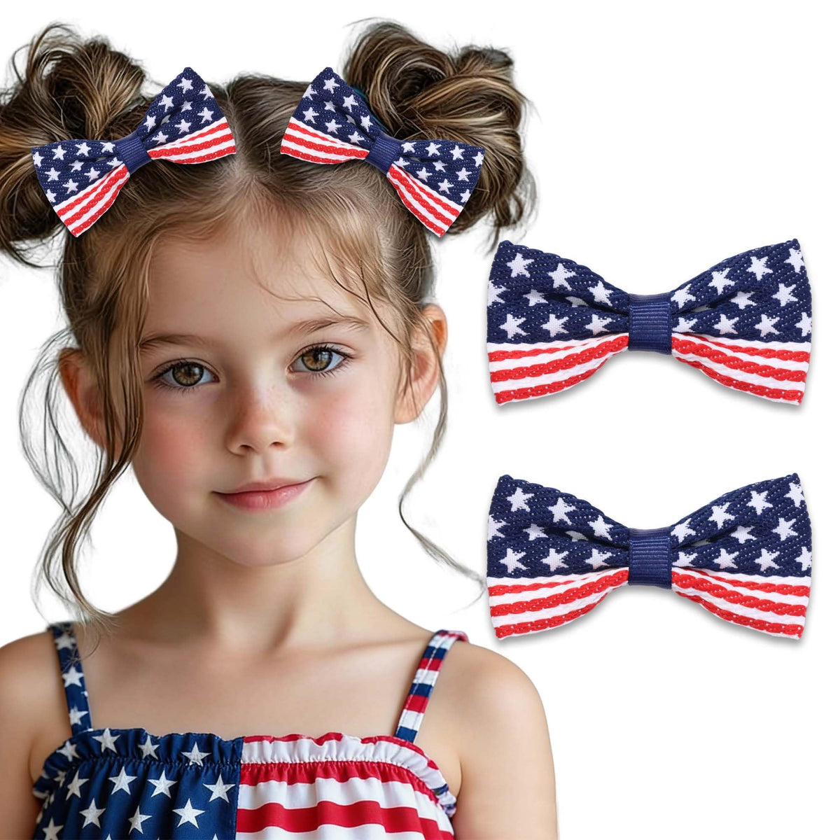 FARSYOD front view of two patriotic bow clips showing star and stripe pattern and instant style