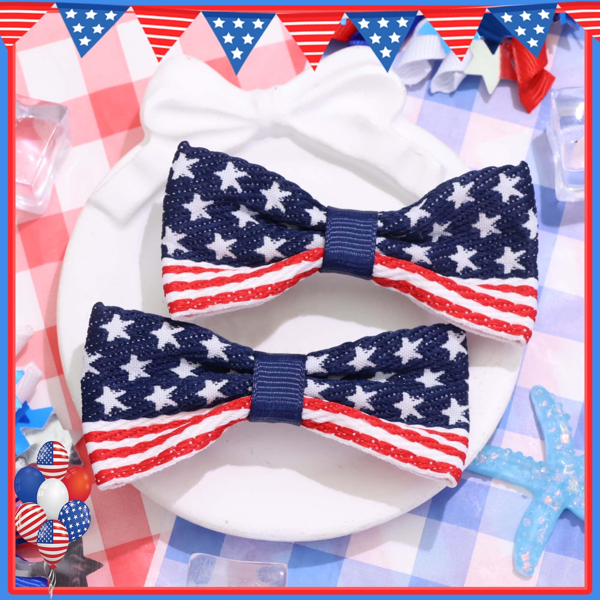 FARSYOD bows styled with denim and tee to show outfit pairing and effortless patriotic flair