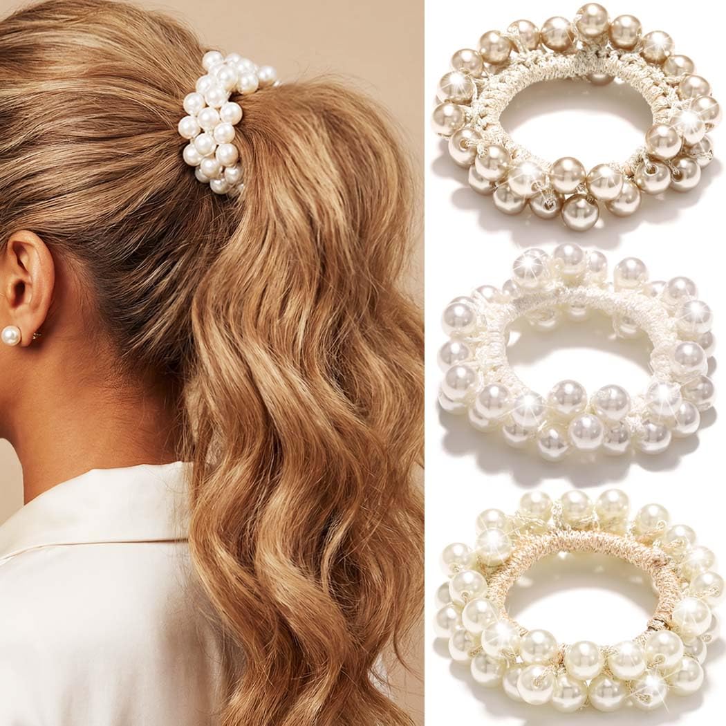 Fashey beige scrunchie front view showing neat pearl decoration and elegant finish
