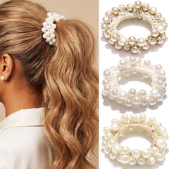 Fashey beige scrunchie front view showing neat pearl decoration and elegant finish