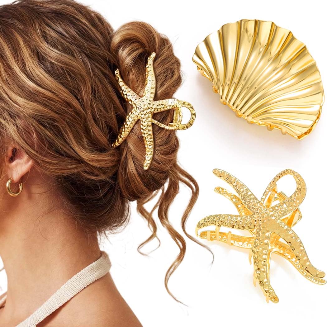 Fashey gold starfish clip front view shows elegant seashell shape and polished finish