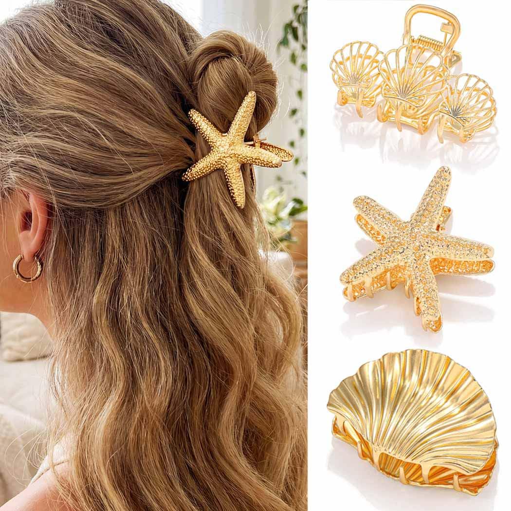 Fashey gold starfish clip front view showing decorative seashell detail and elegant hold