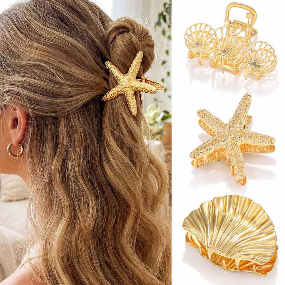 Fashey gold starfish clip front view showing decorative seashell detail and elegant hold