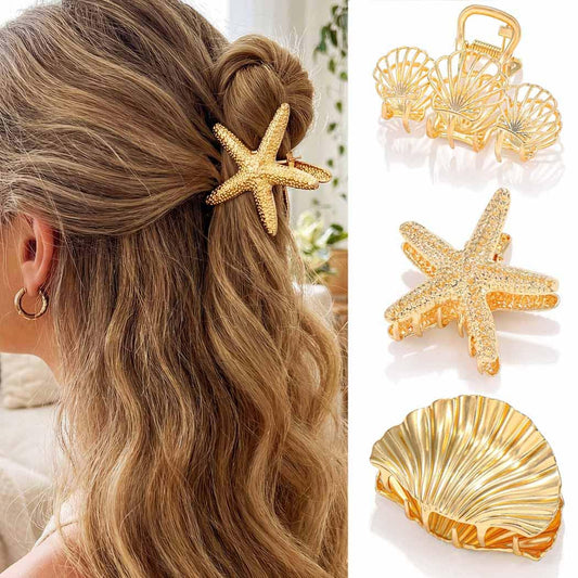 Fashey gold starfish clip front view showing decorative seashell detail and elegant hold