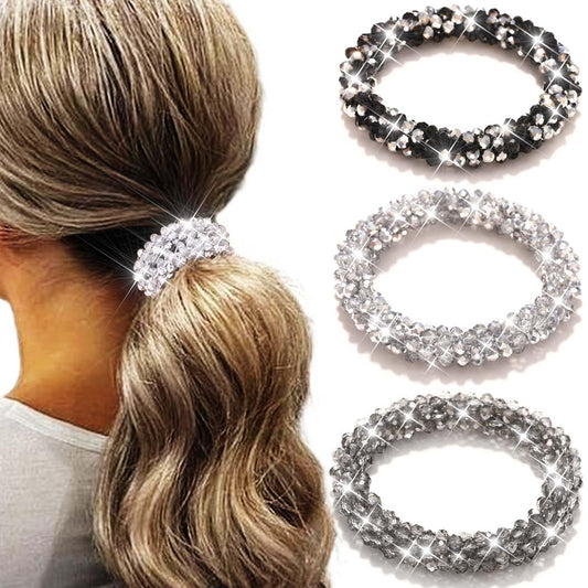 Fashey front packaging showing three silver rhinestone hair ties, stylish gift-ready