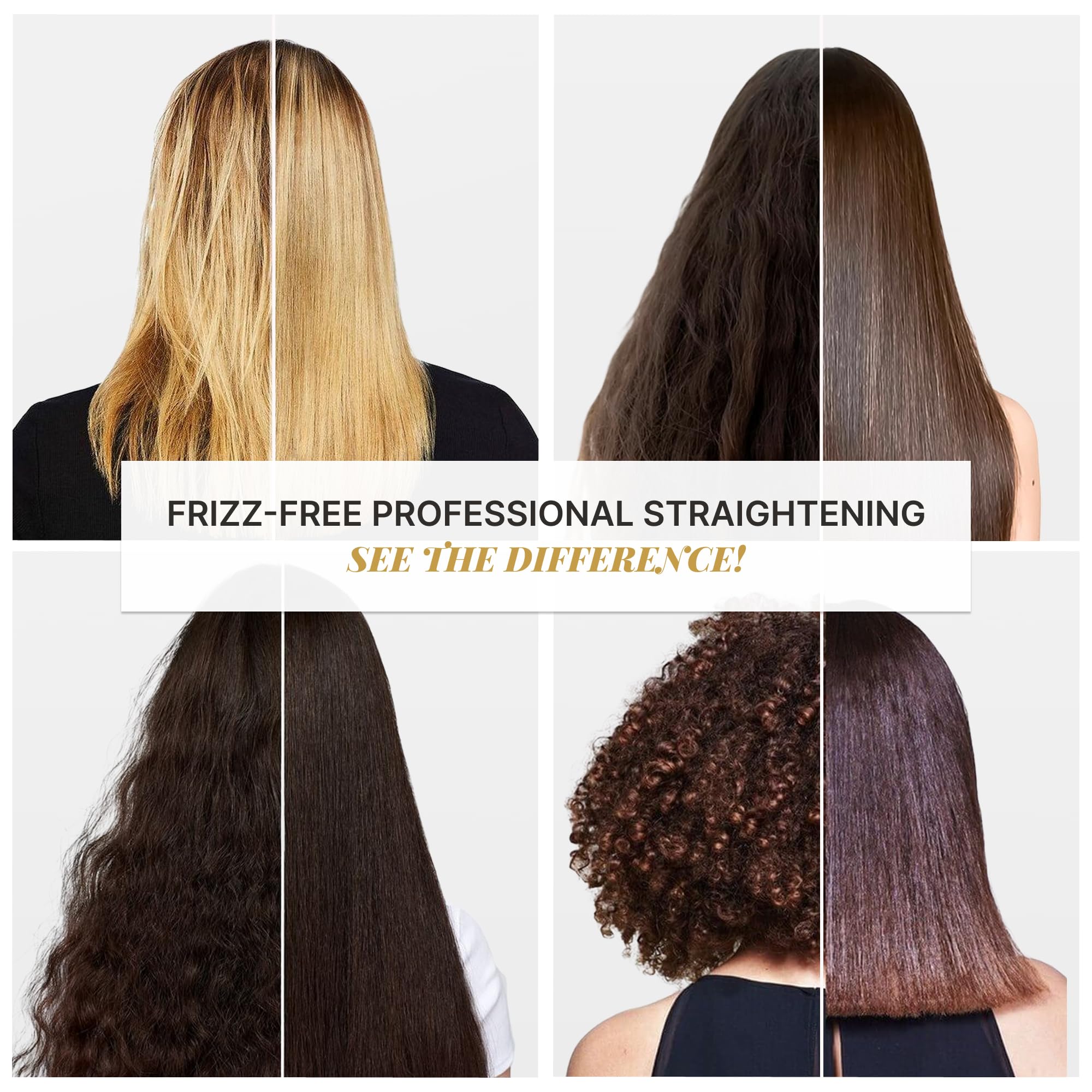 Fashion Gold before and after hair comparison showing reduced frizz and smoother finish