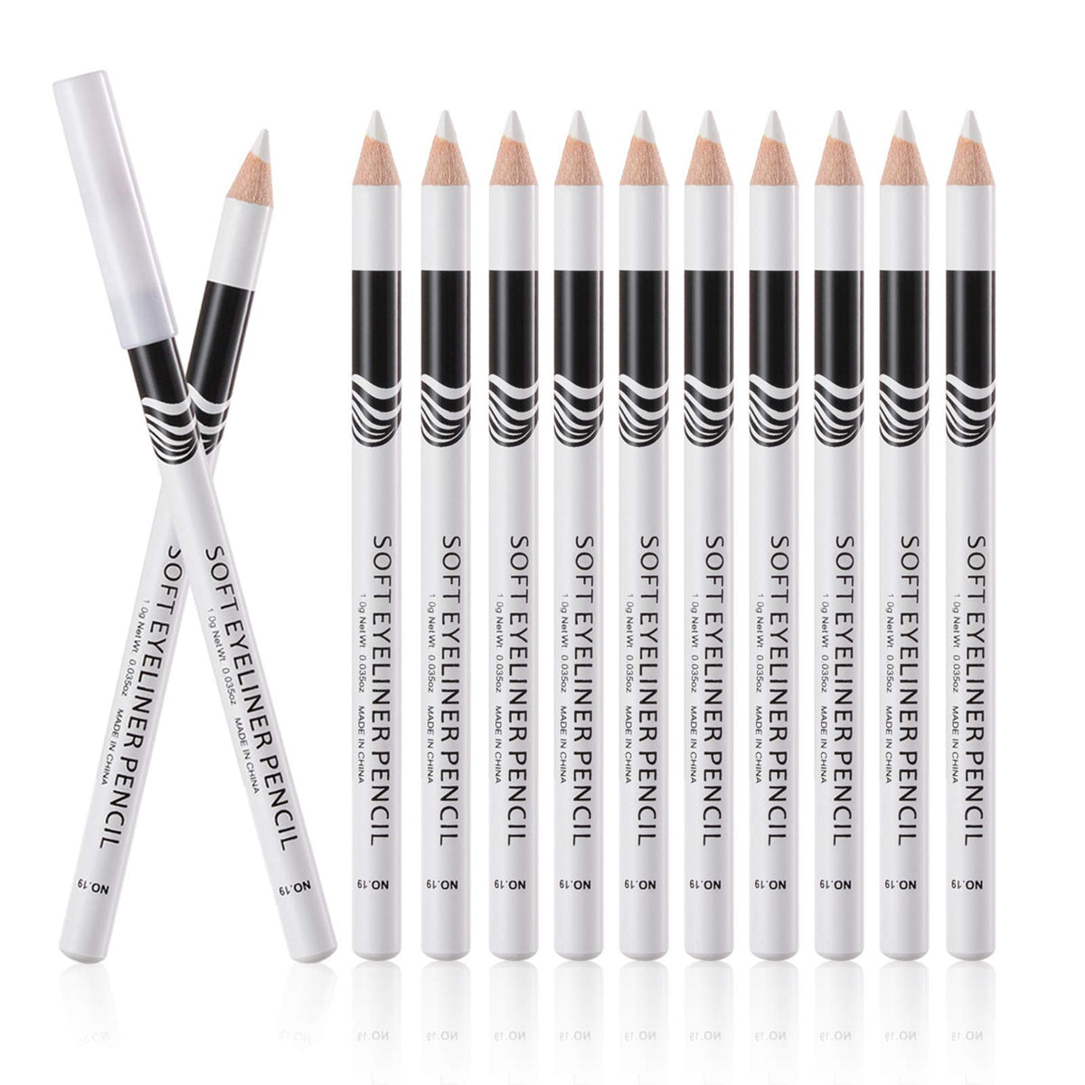 Fashionwu front packaging showing 12 white eyeliner pencils and neat arrangement