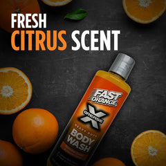 Fast Orange bottle next to hand for scale showing compact 16 oz travel-ready size