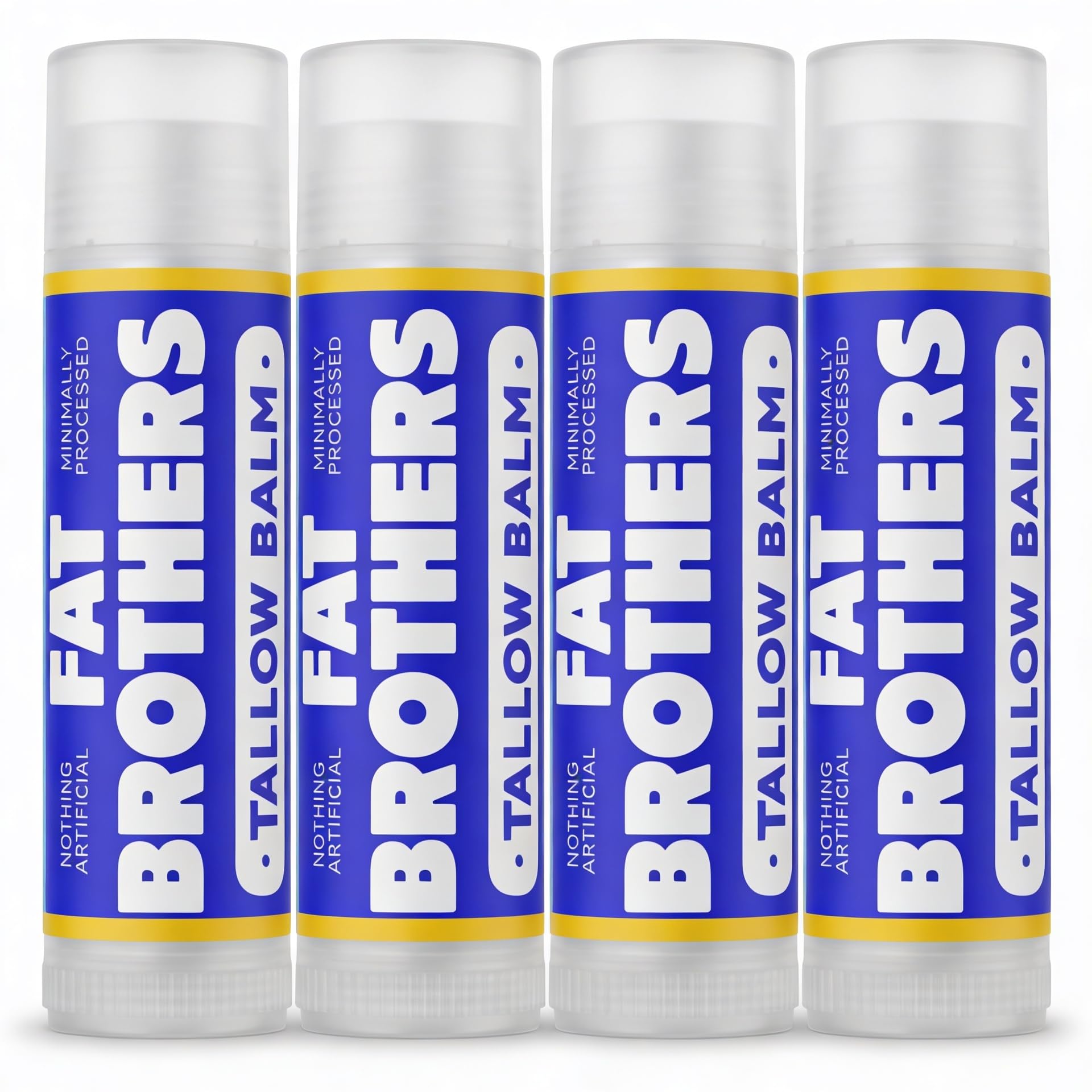 Fat Brothers lip balm front tins showing four-pack convenience and natural formula benefit