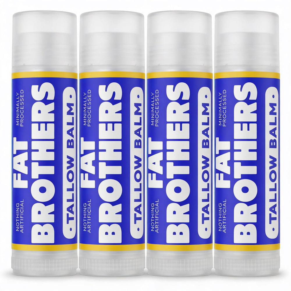 Fat Brothers lip balm front tins showing four-pack convenience and natural formula benefit