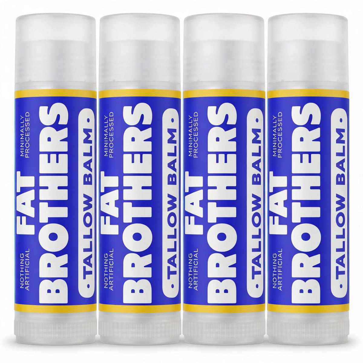 Fat Brothers lip balm front tins showing four-pack convenience and natural formula benefit
