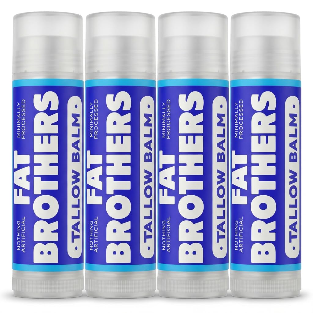 Fat Brothers front view of four unscented tallow lip balm tins showing packaging and convenience