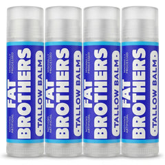 Fat Brothers front view of four unscented tallow lip balm tins showing packaging and convenience