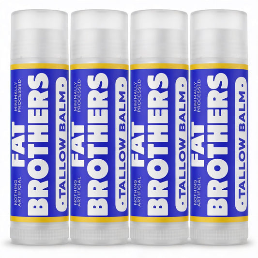 Fat Brothers lip balm front tins showing four-pack convenience and natural formula benefit