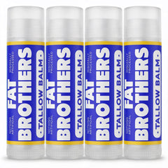 Fat Brothers lip balm front tins showing four-pack convenience and natural formula benefit
