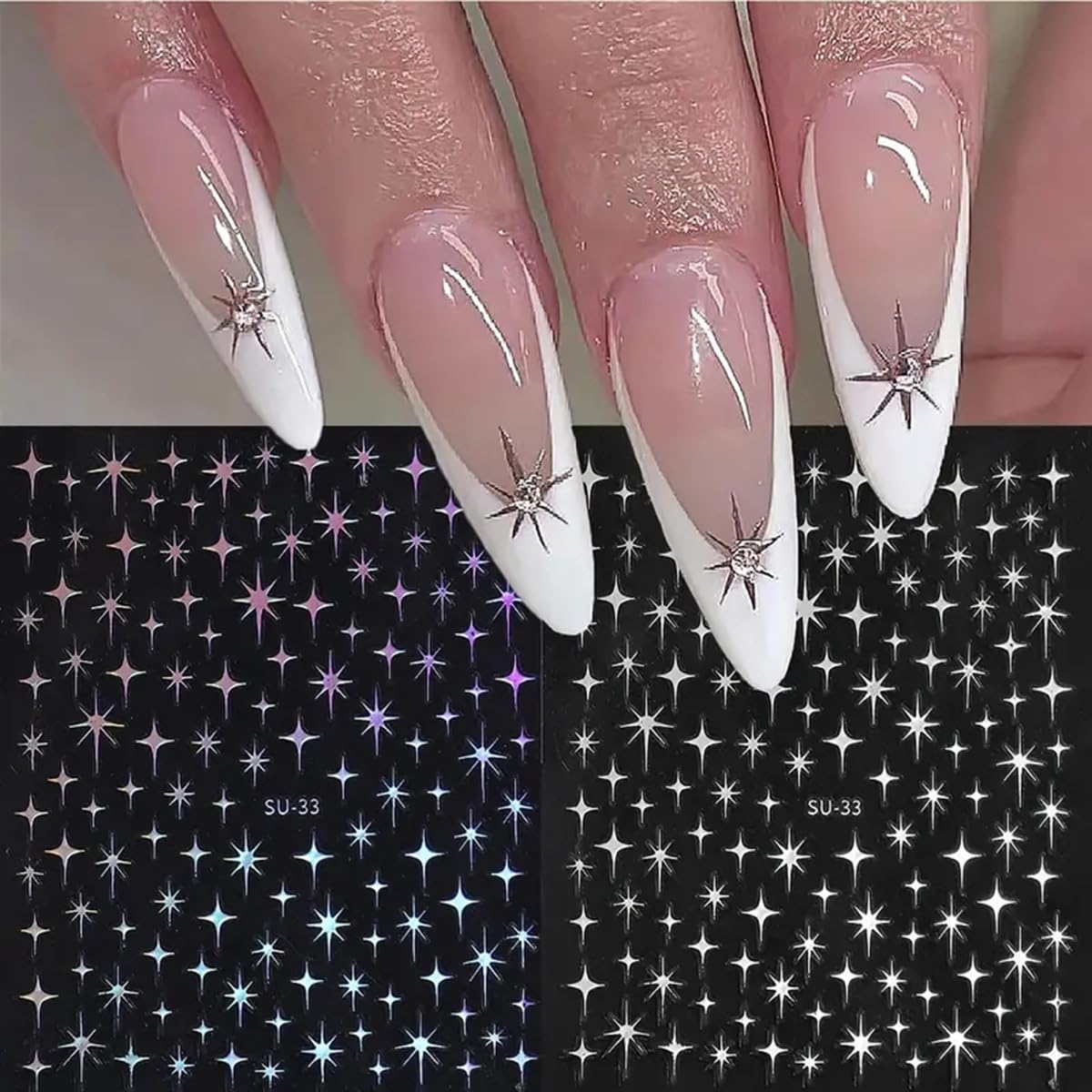FBABFBUO French manicure accented with stars, elegant party-ready style