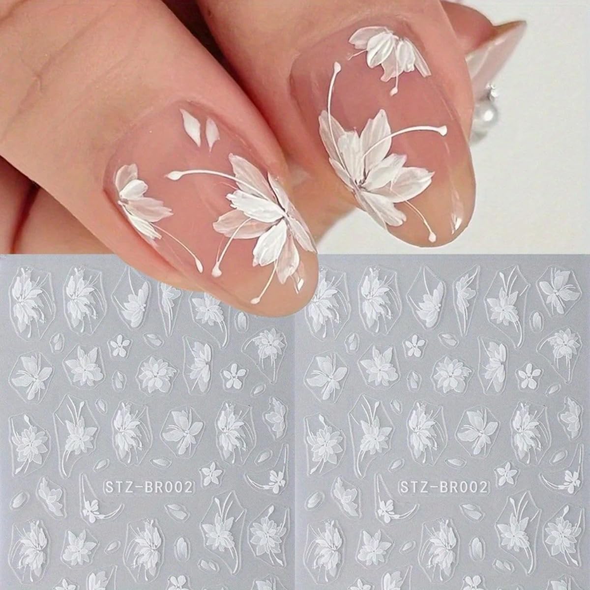 FBABFBUO front view of three decal sheets showing floral designs and colors for elegant nails