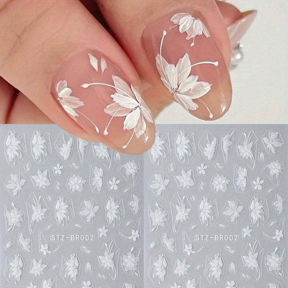 FBABFBUO front view of three decal sheets showing floral designs and colors for elegant nails