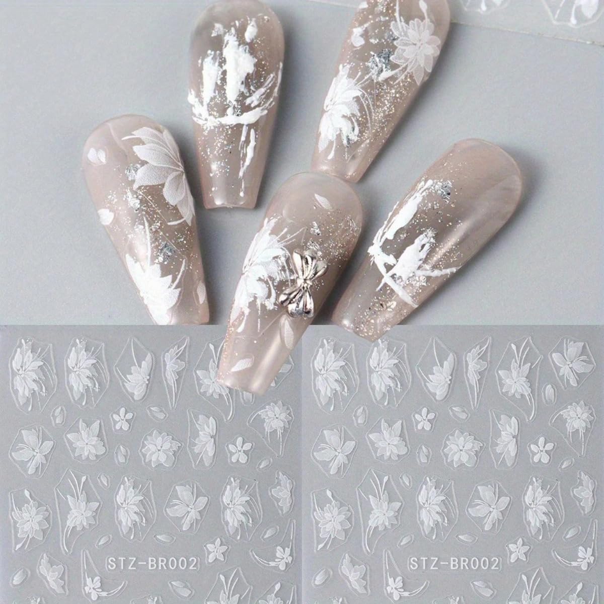 FBABFBUO bridal manicure using white magnolia stickers for delicate wedding imagery benefit
