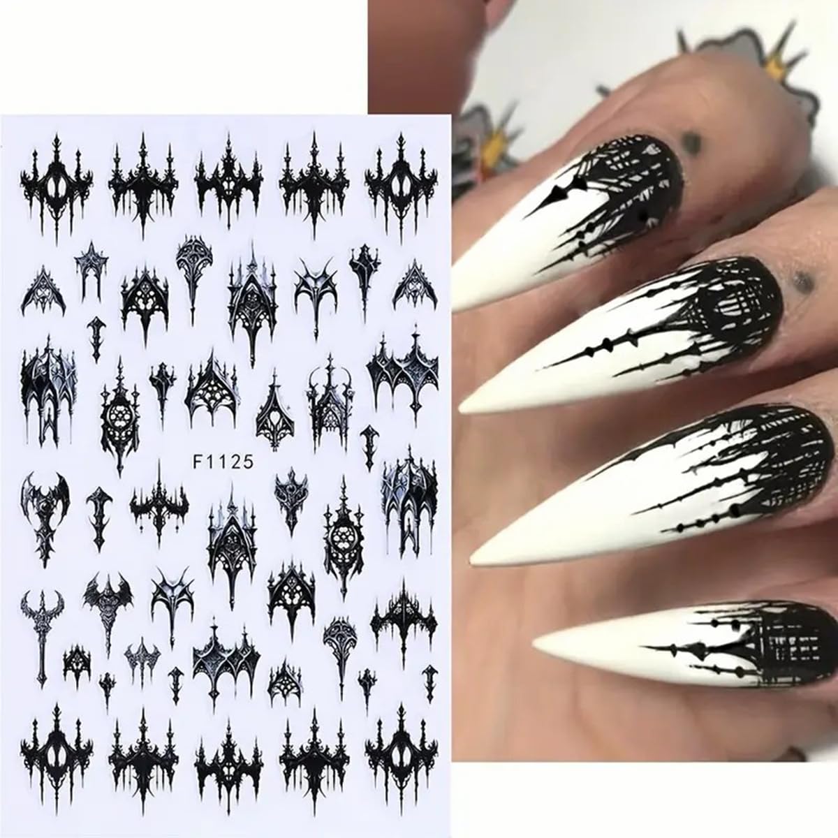 FBABFBUO worn on nails featuring black bats and pumpkins for instant Halloween style