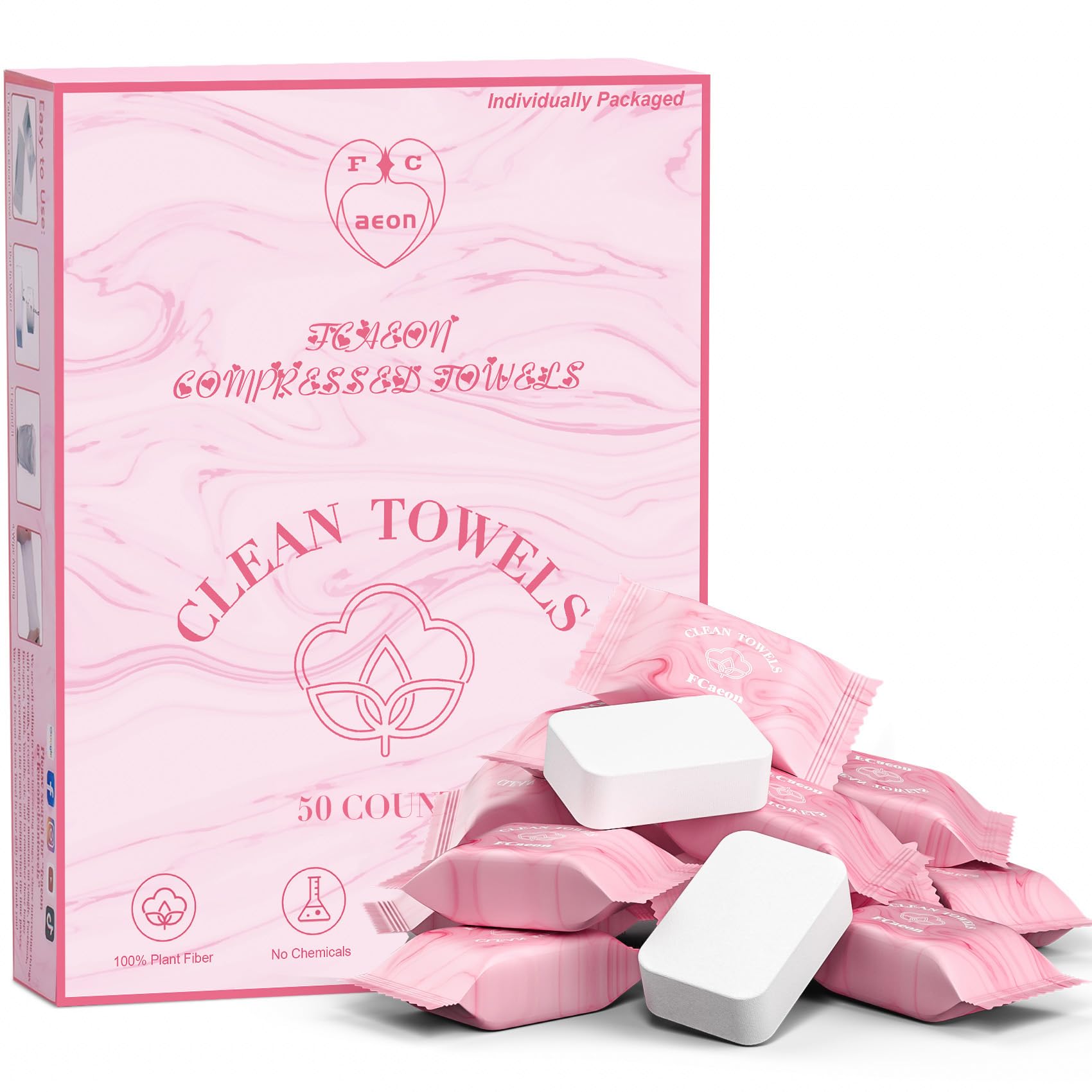 FCaeon front packaging showing individually wrapped compressed towels and branding benefit hygiene