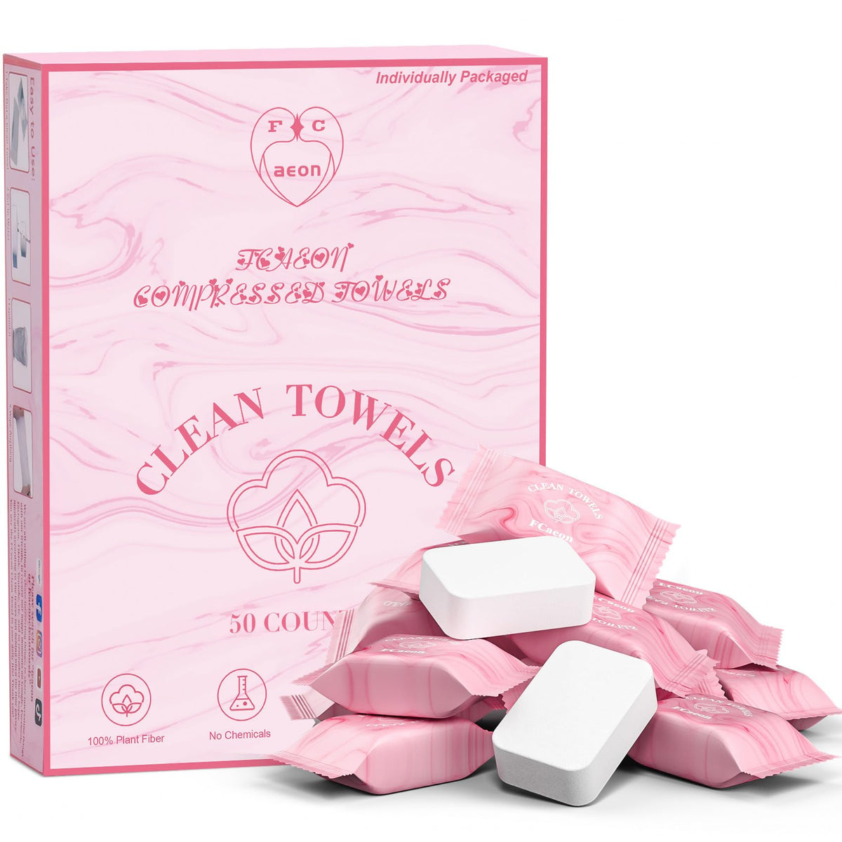 FCaeon front packaging showing individually wrapped compressed towels and branding benefit hygiene