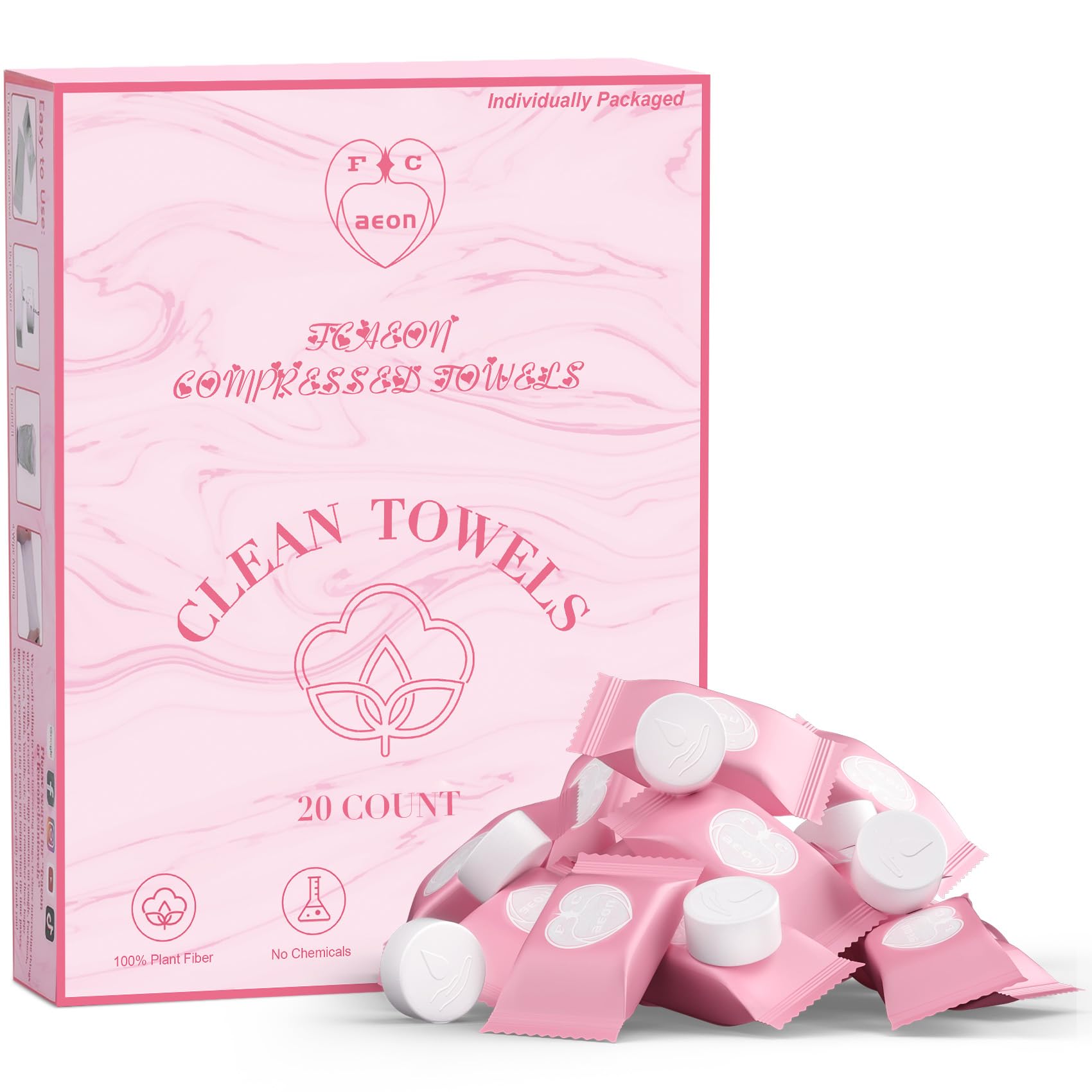 FCaeon front packaging showing 100-count pink compressed towel tablets and benefits