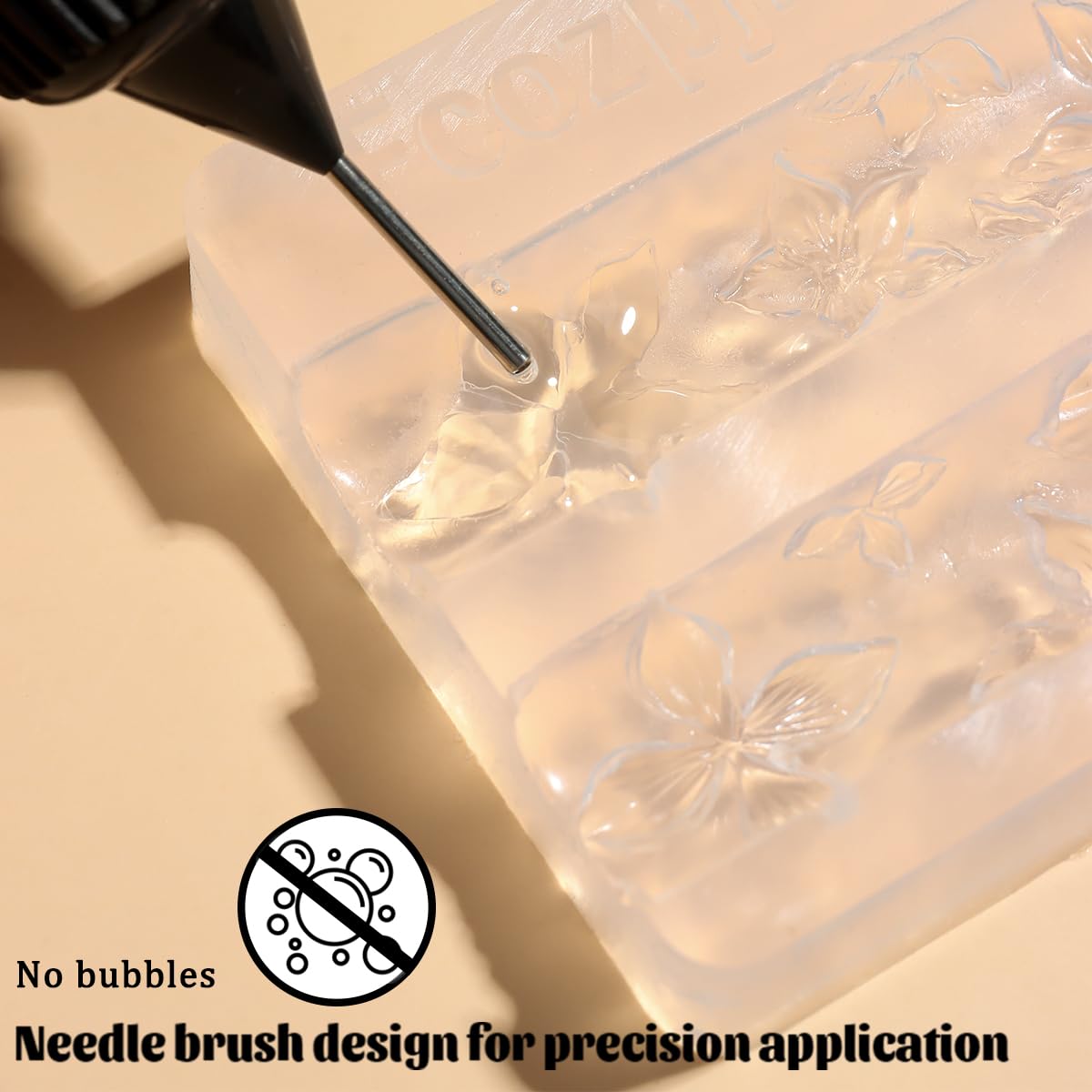 Fcozpjk clear gel encapsulating glitter inside a mold creating transparent glossy charm for depth