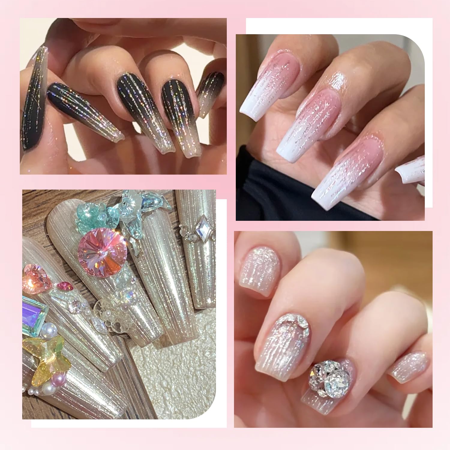 Fcozpjk swatches of gold silver pink holographic gels on nail tips, clear color preview benefit