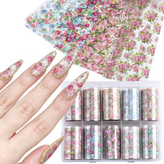Fcozpjk front packaging showing ten floral foil rolls and variety benefits