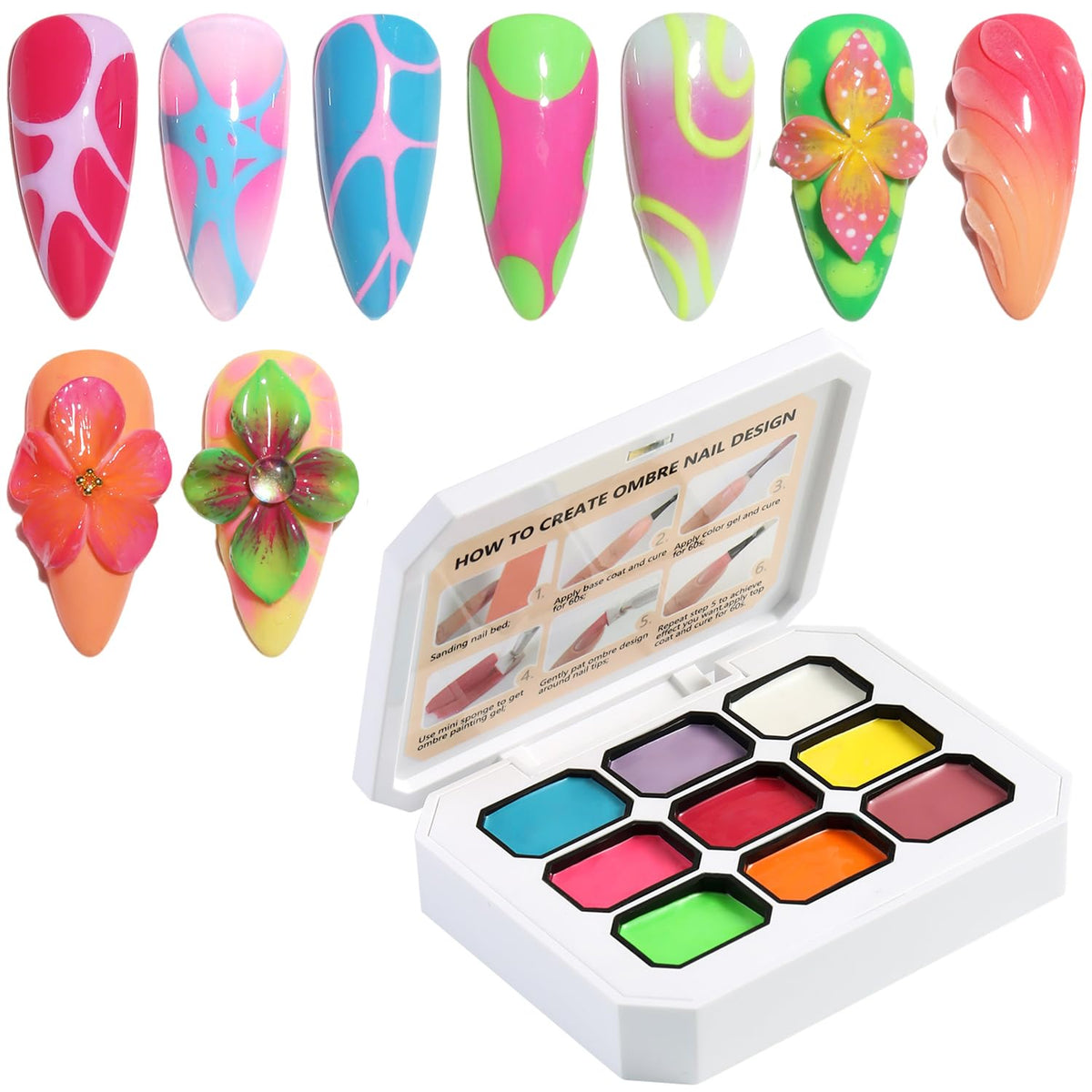 Fcozpjk front packaging showing nine neon gel colors for quick color selection