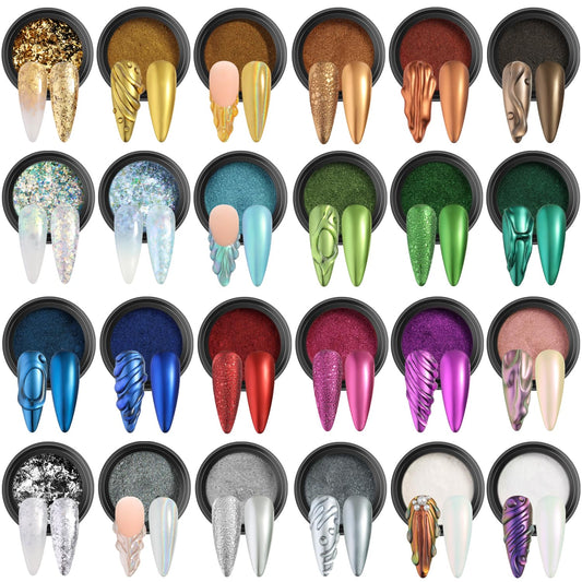 Fcozpjk front packaging showing 24 chrome powders for diverse nail designs