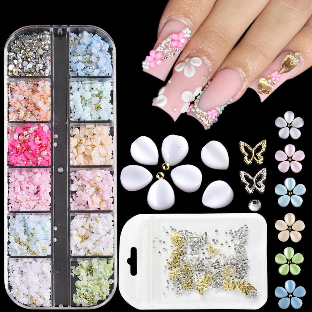 Fcozpjk front packaging showing mixed flower and butterfly nail charms for versatile designs