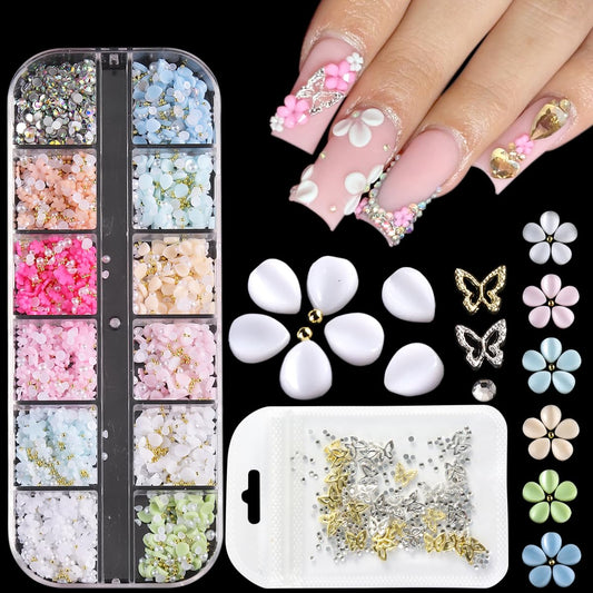 Fcozpjk front packaging showing mixed flower and butterfly nail charms for versatile designs